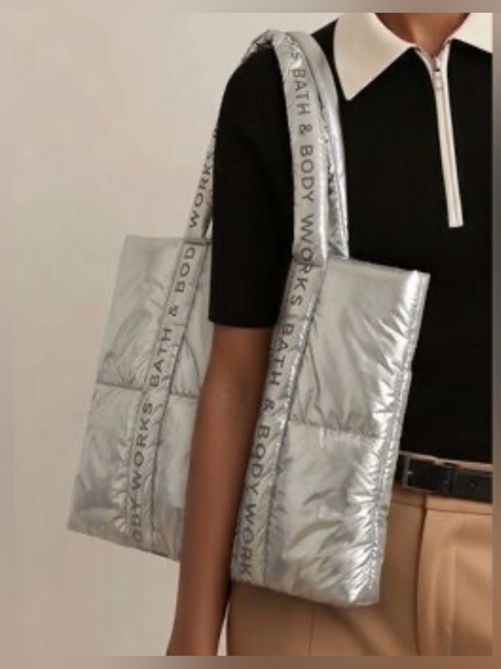 NWTBath & Body Works Metallic Silver Puffy Puffer Tote Bag, quilted shoulder bag